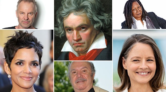 Riquadri separati con foto di Beethoven, Sting, Halle Barry, Jodie Foster, Lino Banfi e Whoopi Goldber