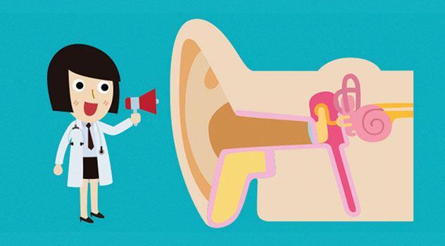 Disegno stilizzato di una dottoressa che parla ad un orecchio con il megafono